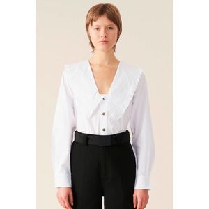 Ganni Cotton White Shirt with Frill Statement Collar